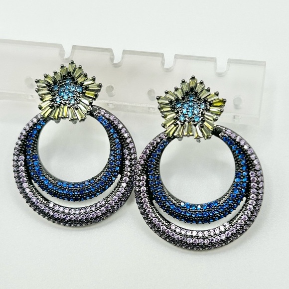 Statement Gunmetal & Blue Rhinestone Hoop Earrings with Floral Top - Picture 2 of 8